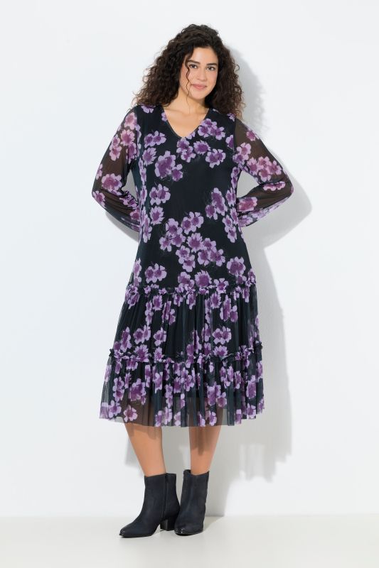 Robe midi doublée, imprimé fleurs, col en V et manches longues