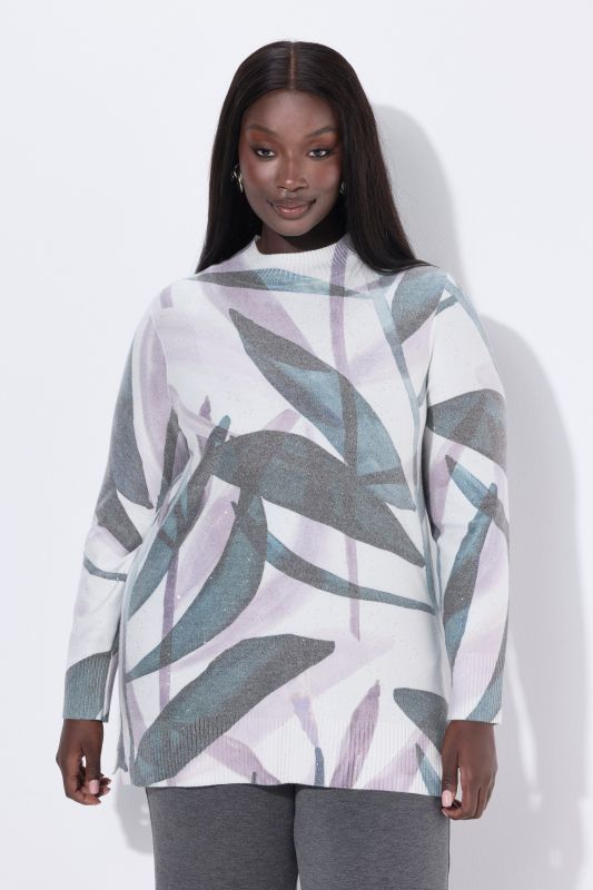 Pull à col montant et manches longues, motif feuilles avec strass