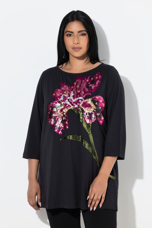 T-shirt en modal mélangé, encolure bateau et manches 3/4, coupe évasée