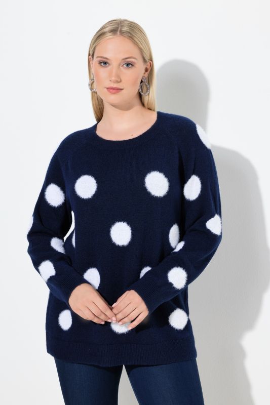 Pull motif pois, col rond et manches longues raglan