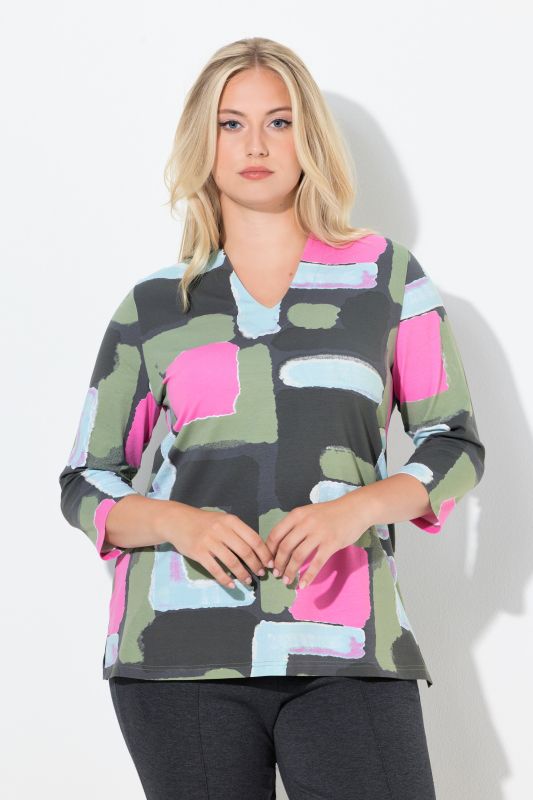 T-shirt à col calice et manches 3/4, motif graphique