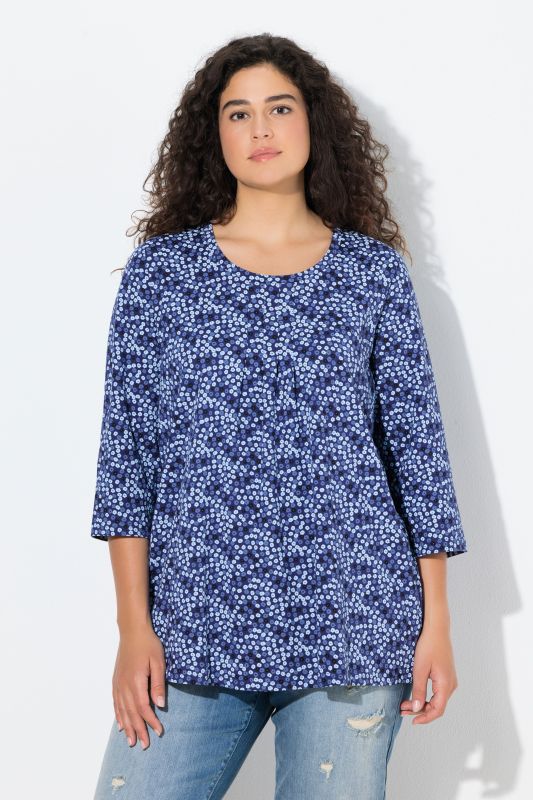 T-shirt motif à fleurs, manches 3/4 et col rond avec plis fantaisie, coupe évasée