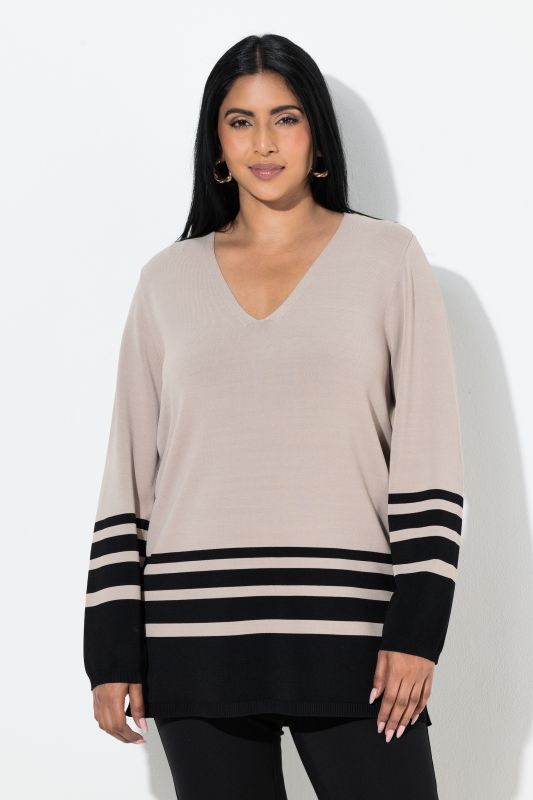 Pull à rayures, encolure en V et manches longues