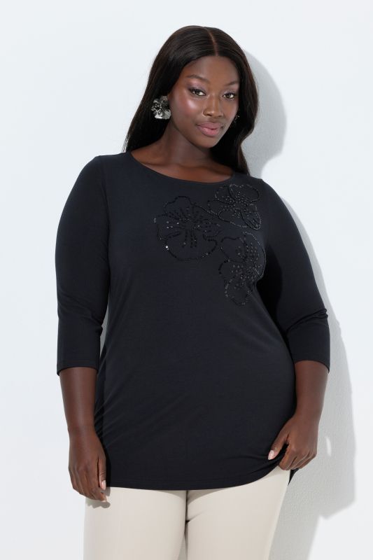 T-shirt avec fleurs en perles fantaisie, encolure bateau et manches 3/4