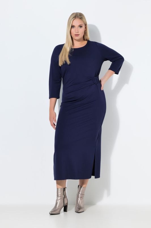 Robe midi point de Rome, drapé, encolure bateau et manches 3/4