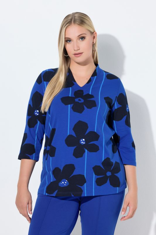 Blouse motif floral, col calice et encolure en V, manches 3/4