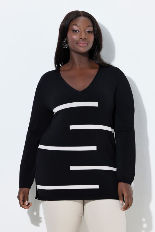 Pull à rayures, col en V et manches longues