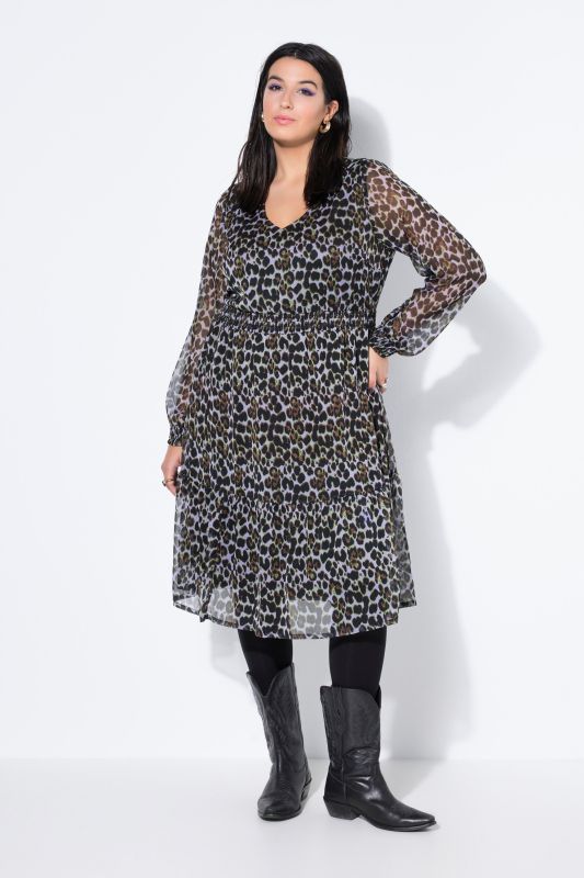 Robe midi doublée, motif léopard et volant à la base, coupe évasée