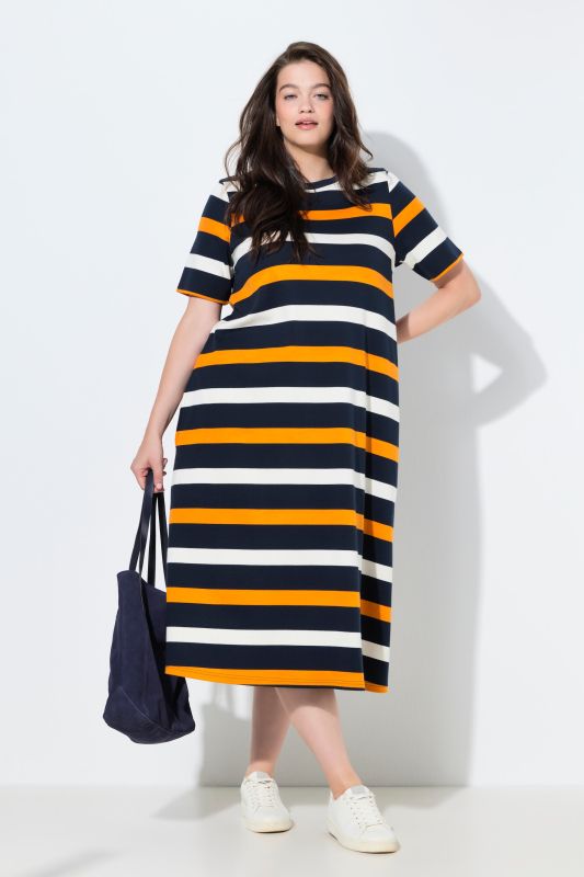 Robe midi en coton bio à rayures, décolleté rond et manches courtes