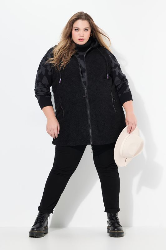 Long gilet sans manches en polaire, capuche et fermeture zippée à double sens