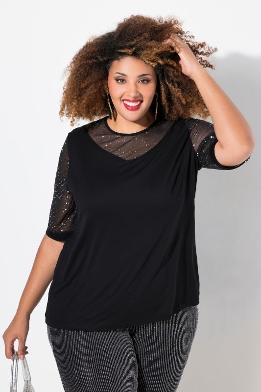T-shirt à coupe Classic Fit. Voile en mesh à sequins, top en jersey opaque