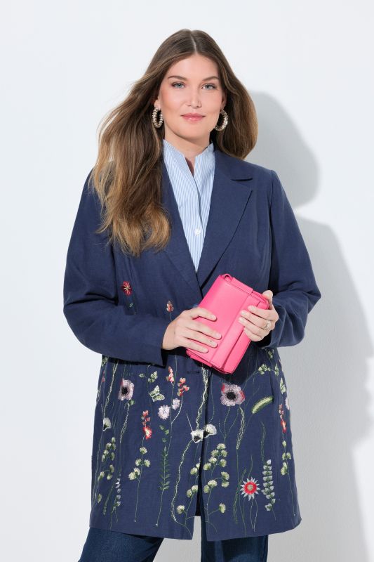 Blazer esprit redingote, lin mélangé, fleurs brodées et col tailleur