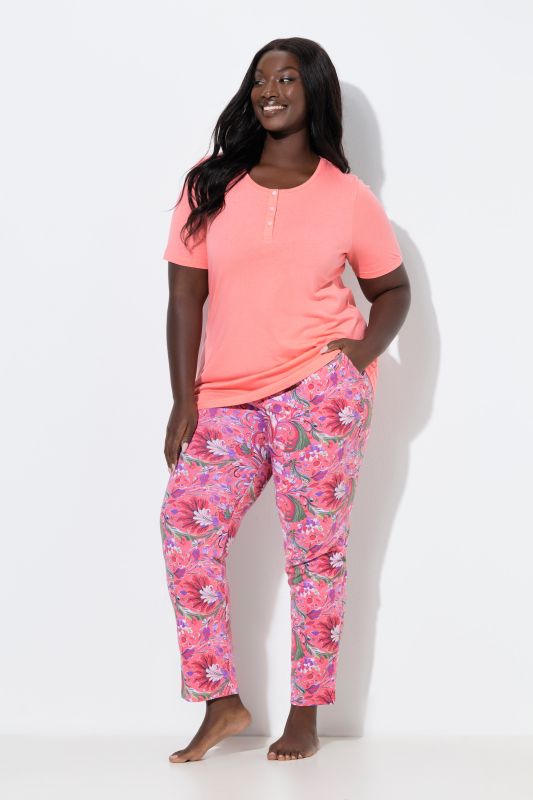 Pyjama 2 pièces à fleurs, col rond et manches courtes