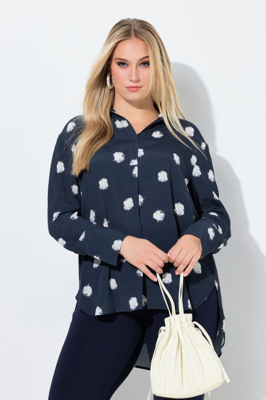 Tunique à pois, col chemise et plis fantaisie, manches longues