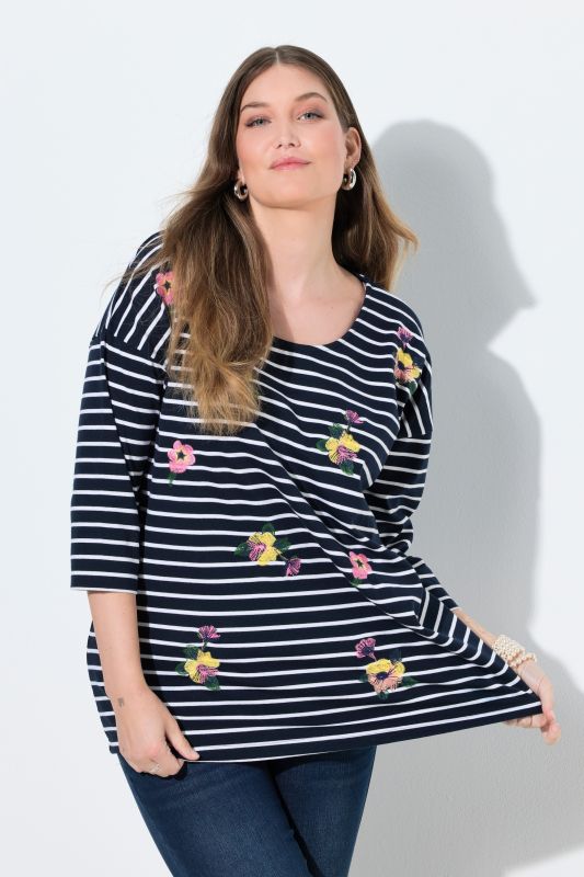 T-shirt oversize à rayures, broderies, col rond et manches 3/4