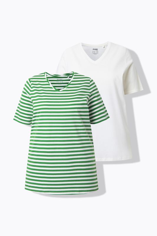 Lot de 2 T-shirts, rayures/uni, décolleté en V et manches courtes