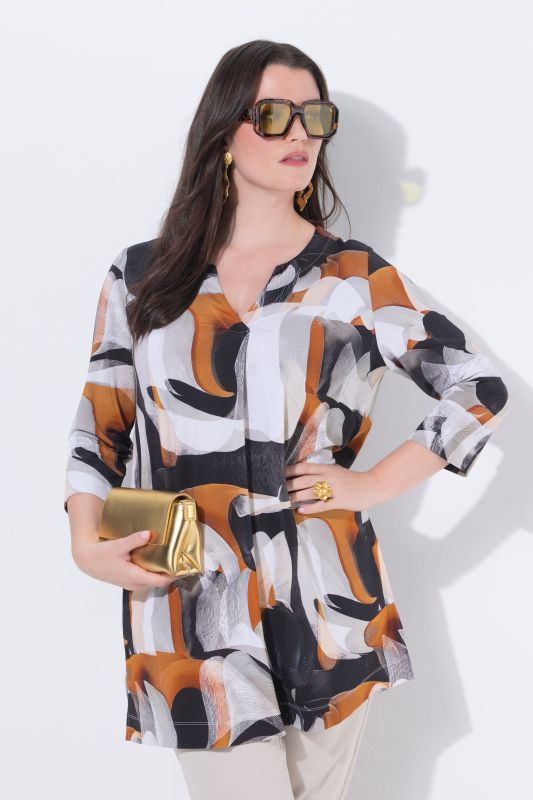 T-shirt long au tombé fluide, col tunisien avec pli fantaisie, manches 3/4