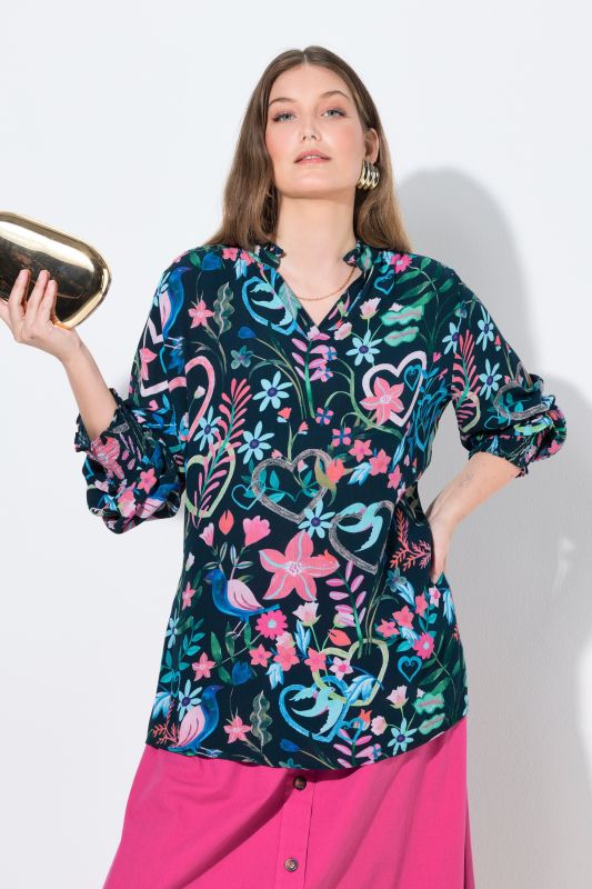 Tunique motif floral, encolure esprit tunique et manches longues