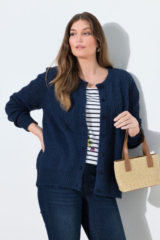 Cardigan col rond et manches longues, maille ajourée