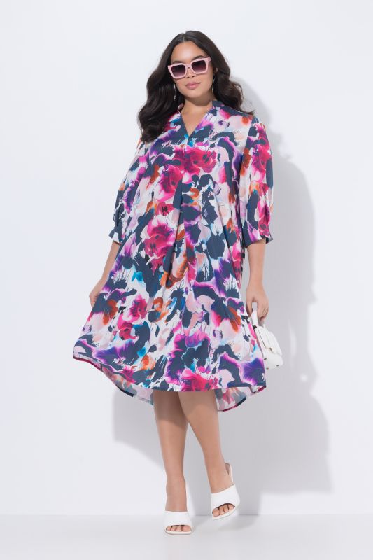 Robe midi en Lyocell esprit aquarelle, décolleté en V et manches 3/4, coupe évasée