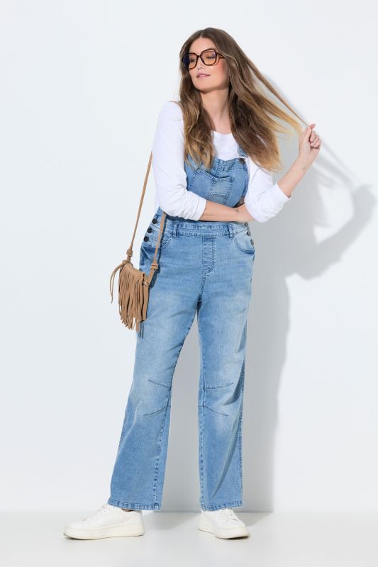 Salopette en jean, bretelles ajustables et boutons sur les côtés