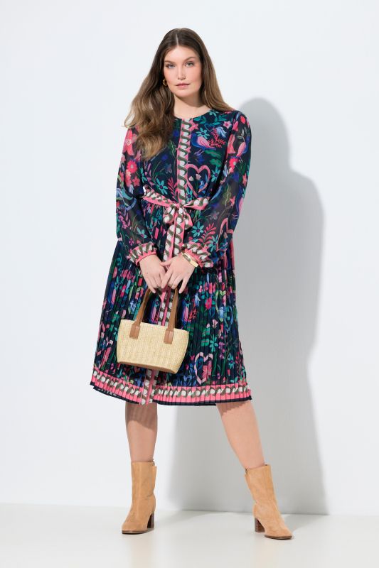 Robe midi décolleté rond et manches longues, jupe plissée, coupe évasée