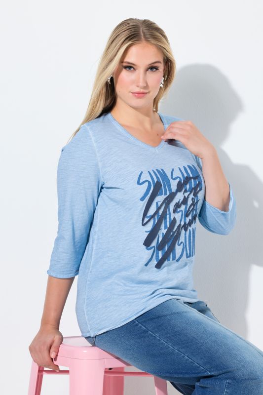 T-shirt avec message, coupe Classic Fit, décolleté en V et manches 3/4