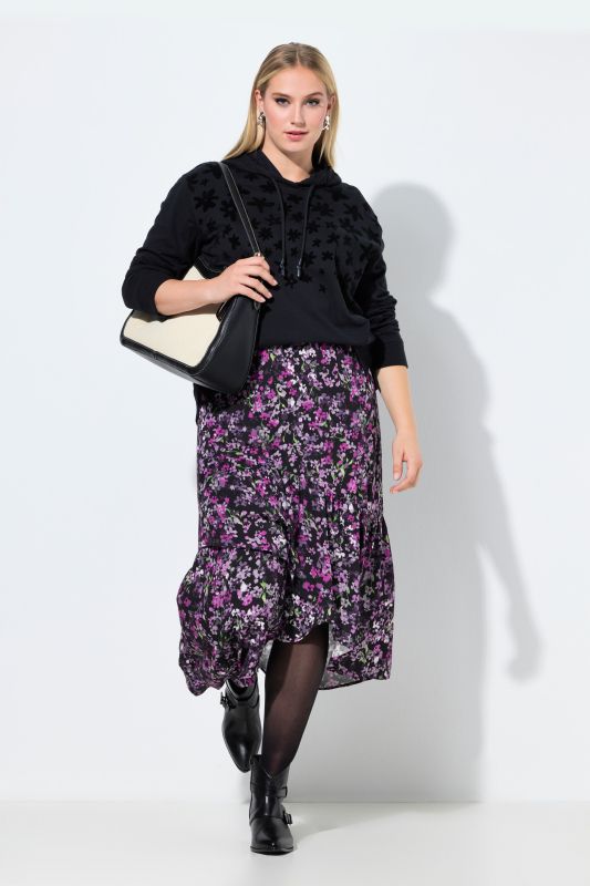 Jupe midi motif à fleurs, base asymétrique, taille élastique et coupe évasée