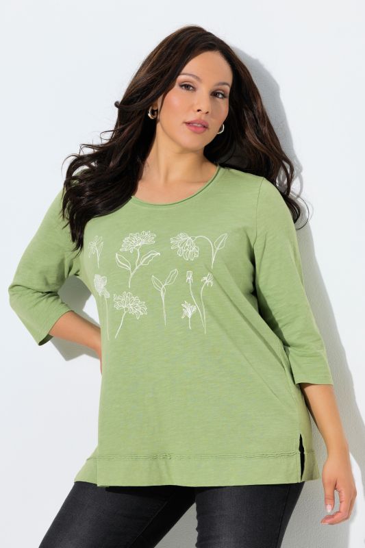 T-shirt motif à fleurs, coupe Classic Fit, col rond et manches 3/4