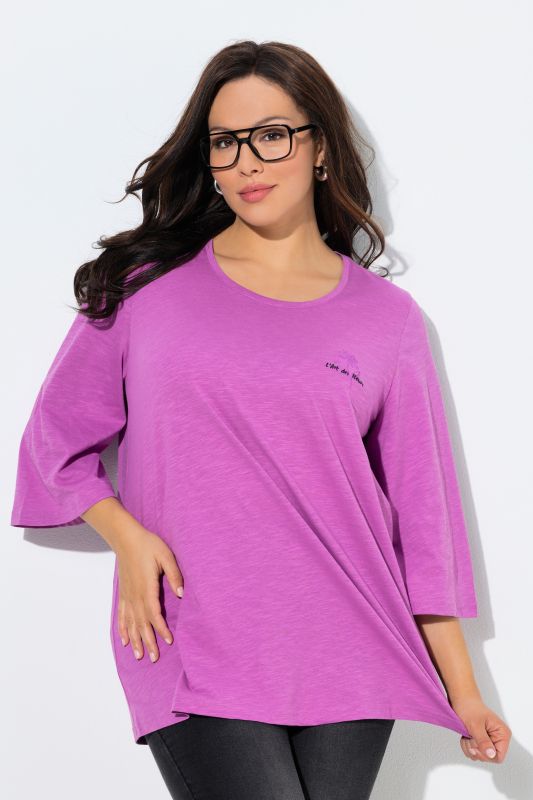 T-shirt motif fleur, coupe Classic Fit, col rond et manches 3/4 cloche