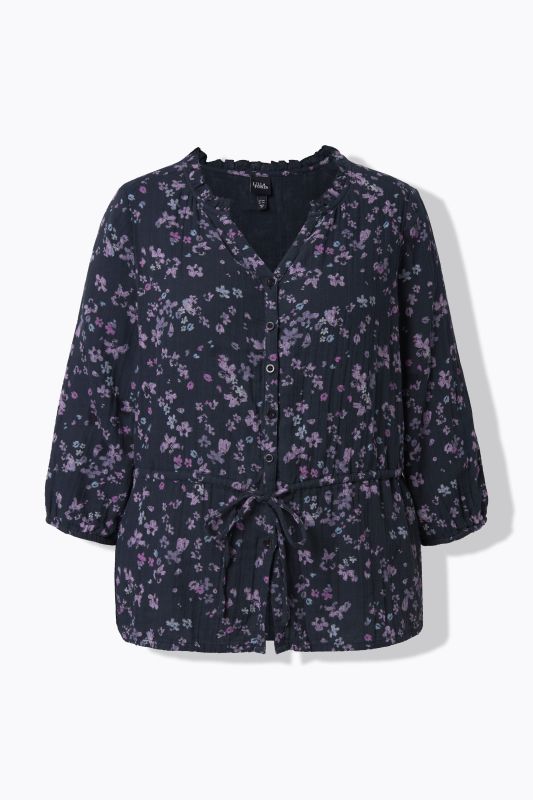 Blouse en mousseline motif floral, décolleté en V et manches 3/4, coupe évasée
