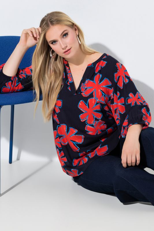 Tunique à fleurs, coupe évasée, décolleté rond et manches 3/4 ballon