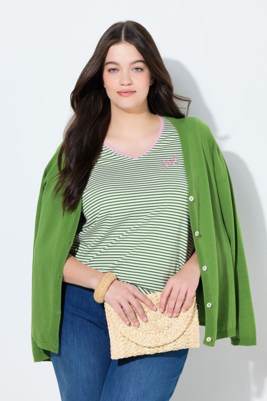 T-shirt rayé en coton bio, décolleté en V et manches courtes