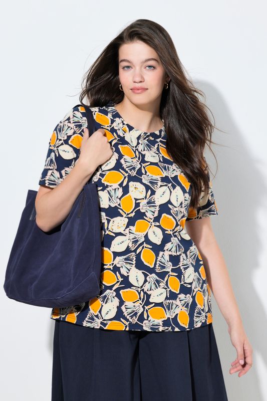 T-shirt en coton bio motif citrons, décolleté rond et manches courtes