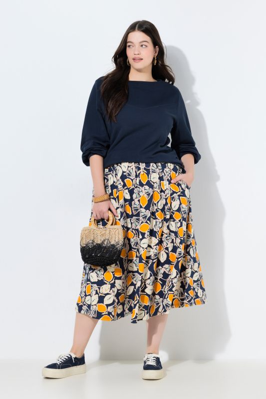 Jupe midi en coton bio motif citrons, taille élastique et poches