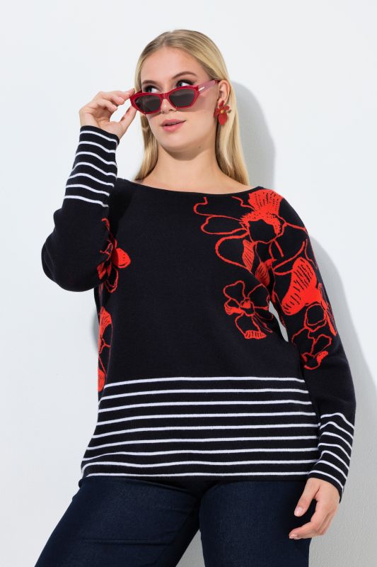 Pull encolure bateau et manches longues, motif floral