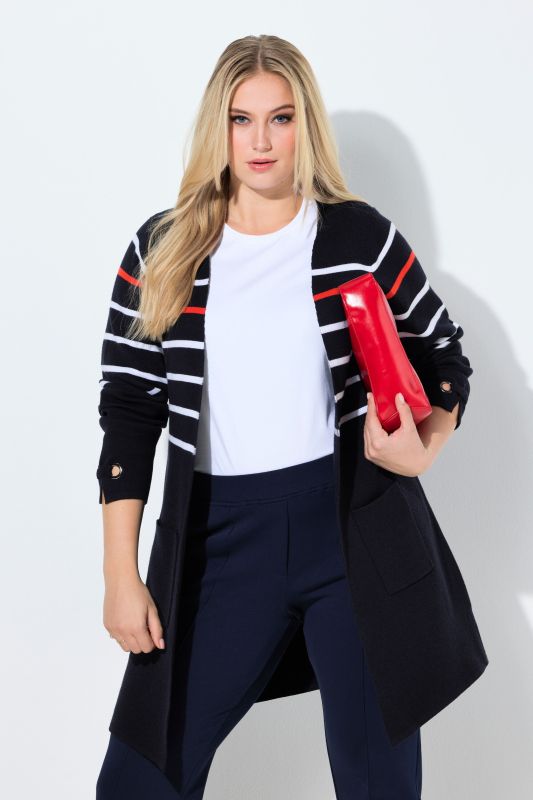 Cardigan rayé long, encolure en V et manches longues