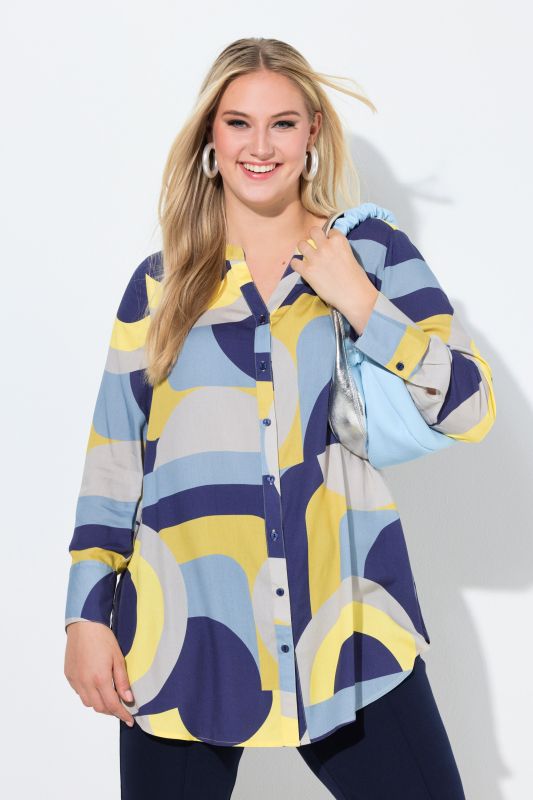 Chemisier long imprimé graphique, col tunisien et manches longues, coupe évasée