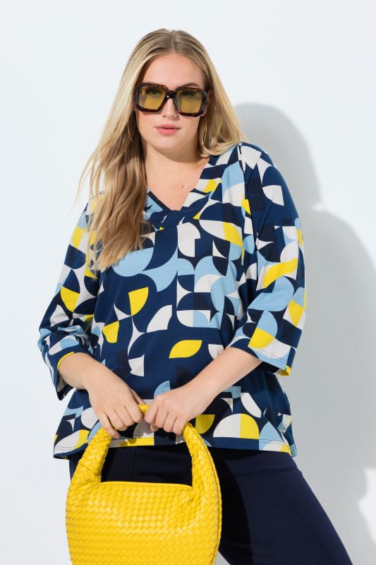 T-shirt coupe évasée, décolleté en V et manches 3/4