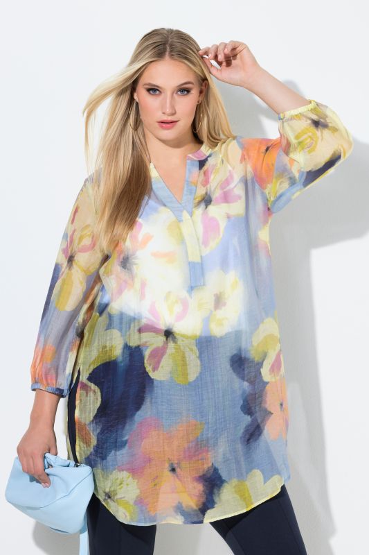 Tunique en Lyocell motif fleurs, col tunisien et manches 3/4