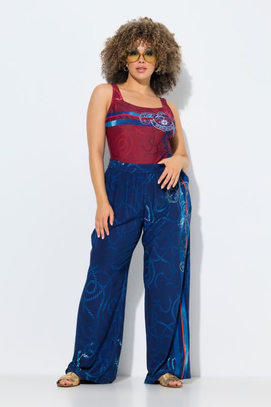 Pantalon palazzo jambe large et ceinture élastique, motif cordes de marine