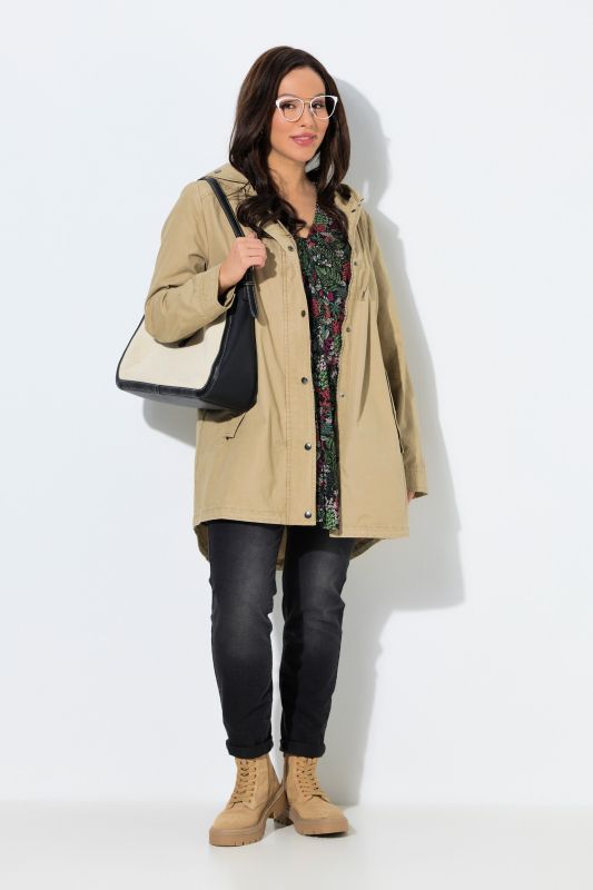 Parka en coton à capuche, plus longue à l'arrière, coupe évasée