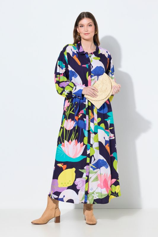 Robe maxi imprimé champêtre, col chemise et manches longues ballon