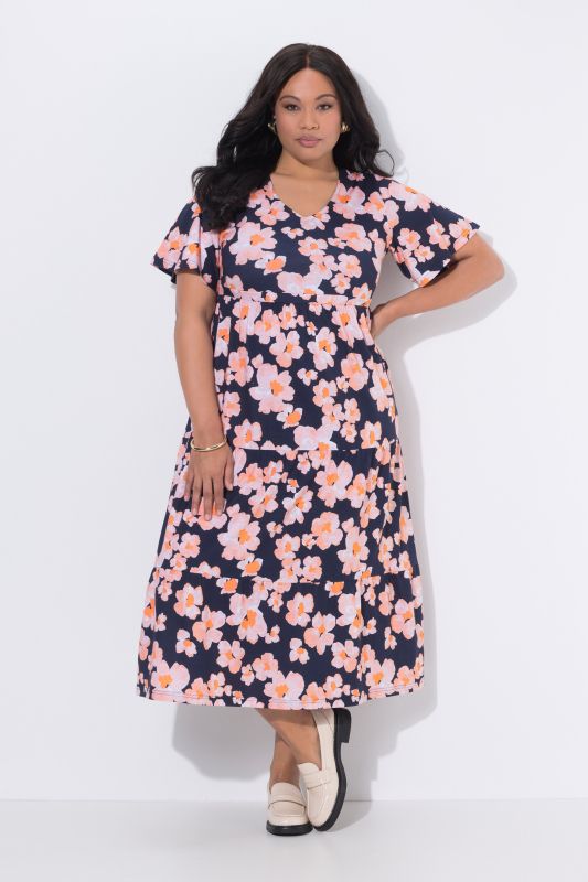 Robe maxi à fleurs, décolleté en V et manches courtes chauve-souris, coupe évasée