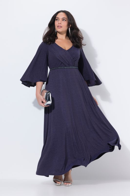 Robe de soirée avec drapé, longueur maxi, décolleté V et manches courtes papillon