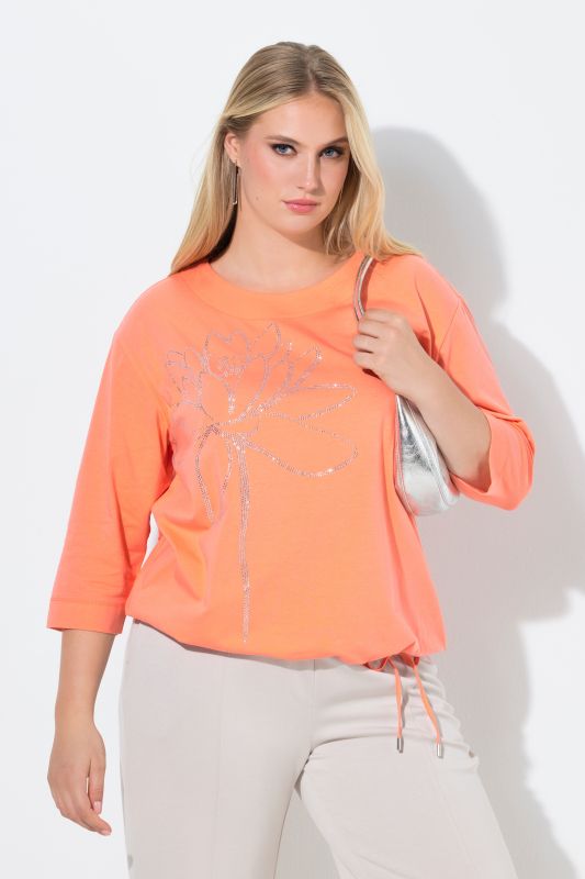 T-shirt col rond et manches 3/4, cordon de serrage à la base et strass fantaisie