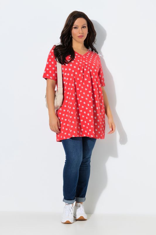 T-shirt avec plis fantaisie, coupe évasée, col en V et manches courtes