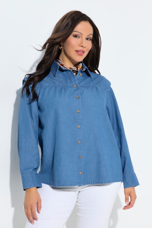 Chemisier en jean, épaules avec empiècement, col chemise et manches longues