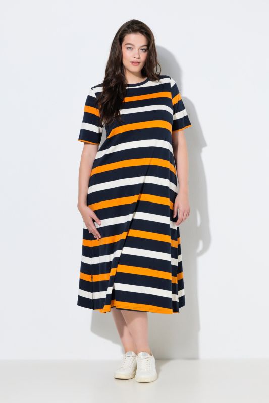 Robe midi en coton bio à rayures, décolleté rond et manches courtes