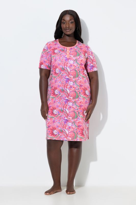 Lot de 2 chemises de nuit, motif fleurs/uni, col rond et manches courtes